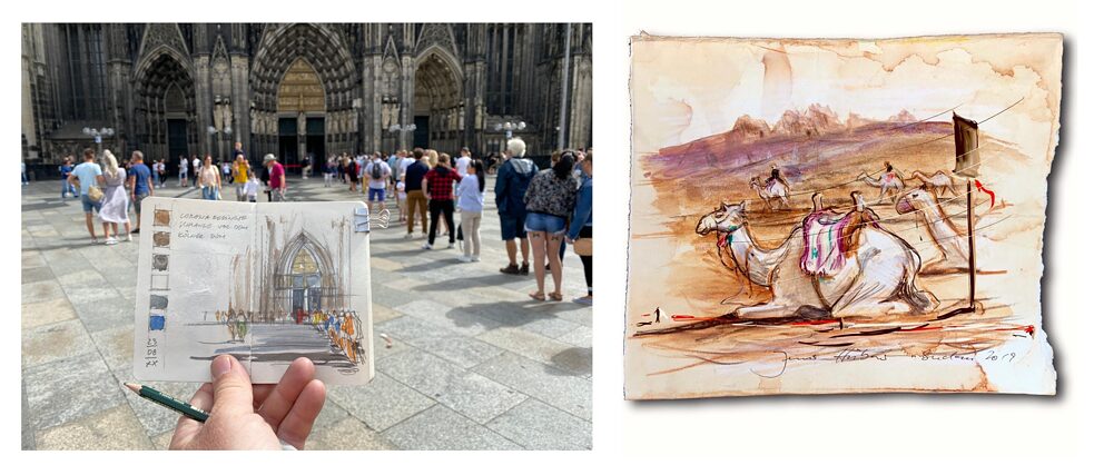Jens Hübner zeichnet überall – sei es vor dem Hauptportal des Kölner Doms oder auf Reisen in der Wüste.