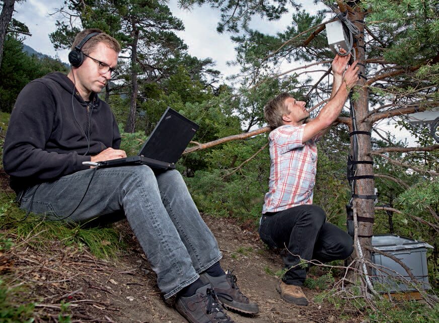 Marcus Maeder (vlevo) instaluje společně s biologem Romanem Zweifelem ze Švýcarského výzkumného ústavu pro les, sníh a krajinu (WSL) měřicí stanici v lese. 