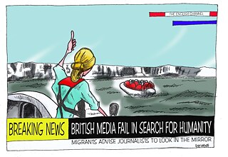 Latitude – Karikatur zum Thema: Entmenschlichende Berichterstattung britischer Medien