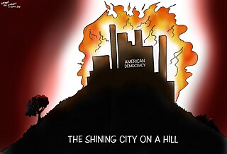 Latitude – Karikatur mit Text „The Shining City on a Hill“