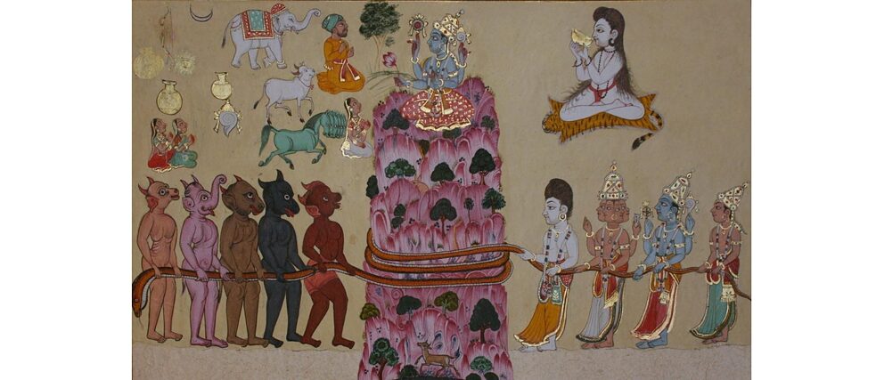 Foliová ilustrace zobrazující scénu Rozbouřený oceán mléka z knihy Samudra Manthan.