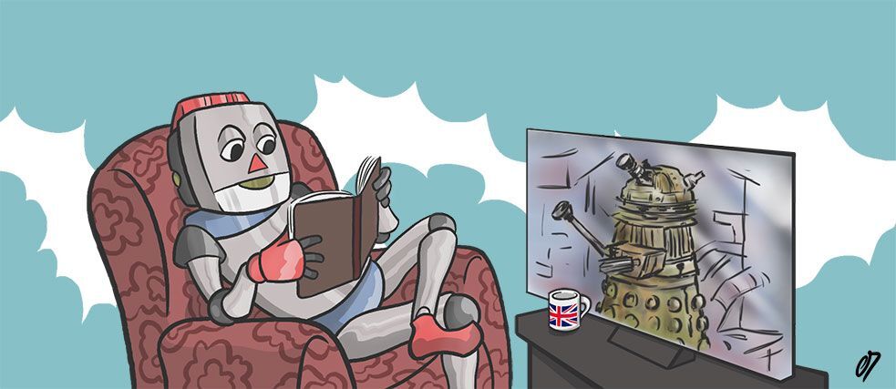 Robot reading in front of tv