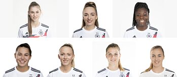 Unga tyska kvinnliga fotbollsspelare presenterar sig. Ovan - från vänster till höger: Jule Brand, Sophia Kleinherne, Nicole Anyomi. Nedan - från vänster till höger: Lena Oberdorf, Lea Schüller, Tabea Waßmuth, Laura Freigang.