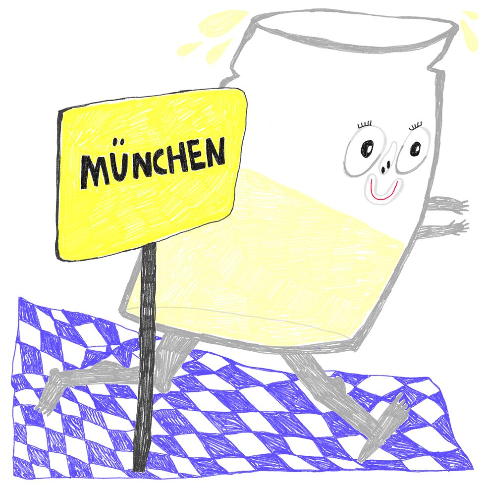 lllustration: A street sign indicating Munich. A beer mug is walking past the sign
