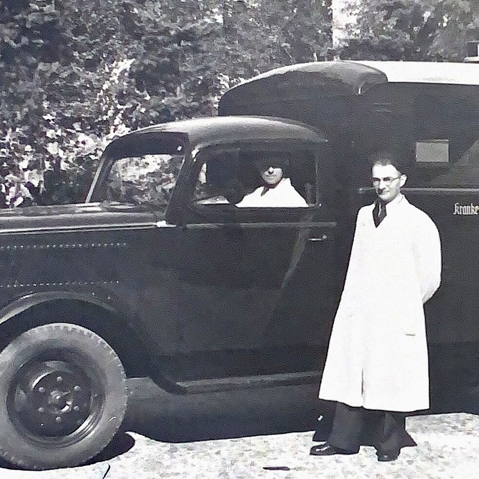 Jaques Abraham in Berlin with one of his ambulances after the war