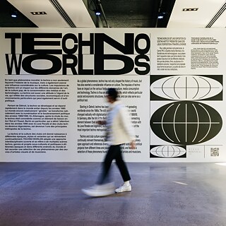 A man visiting the exhibition Techno Worlds