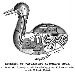 Illustrazione (falsata) di un artista americano del probabile funzionamento di un’“anatra digeritrice”.