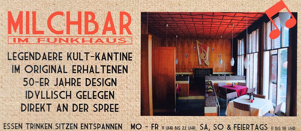 Flyer pour le bar à lait de Funkhaus Berlin dans la Nalepastraße