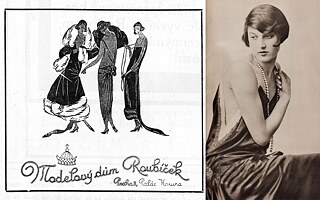 The Roubíčková fashion salon in Prague was founded in 1909 by seamstress Arnoštka Roubíčková, who had an eye for fashion trends and liked to travel to Paris for inspiration. Lefthand: advertisement for the Roubíček model house, sketch from 1923; righthand: evening dress made of silk satin, embroidered with rhinestones, 1929