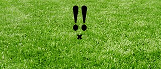 Conejo de Pascua esquemático creado a partir de dos signos de exclamación y la letra X delante de un césped verde.