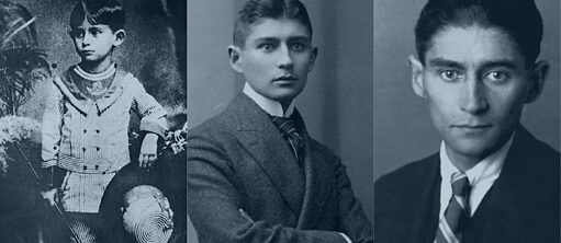 Tre billeder af Franz Kafka, yderst til venstre som seksårig i stribet matrosdragt med en stok i venstre hånd og en hat i højre. På det midterste billede er Kafka 23 år gammel, iført jakkesæt og stribet slips og kigger forbi kameraet til højre. Det højre billede viser Kafka som 40-årig, igen iført jakkesæt og stribet slips, med blikket rettet mod kameraet.