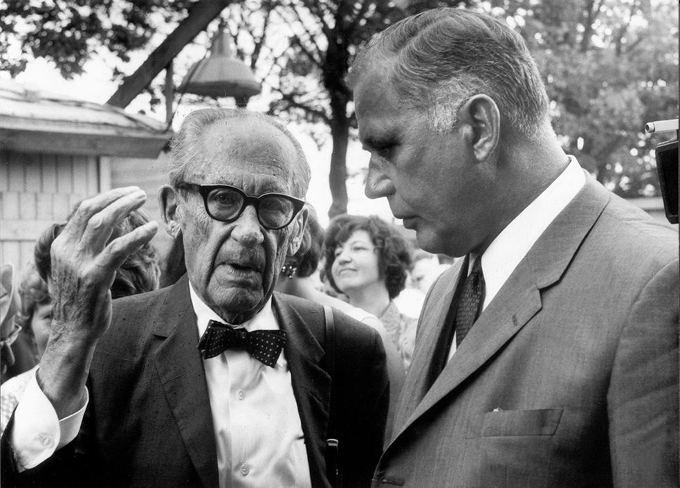 Walter Gropius with Senator of Building and Construction Rolf Schwedler at the roofing ceremony in 1968