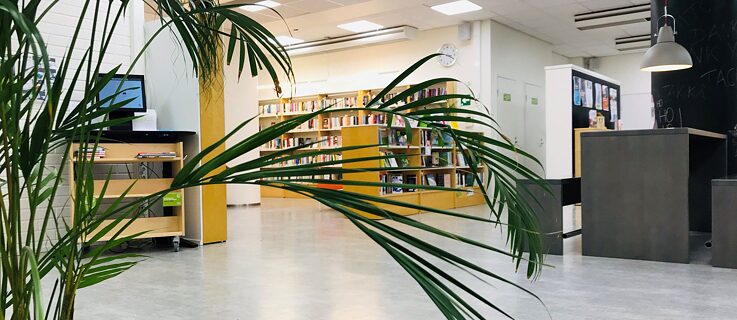 Goethe-Institut Finnlandin kirjasto sisältä.