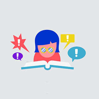 Illustration: Person vor einem Buch, Sprechblasen mit Ausrufezeichen