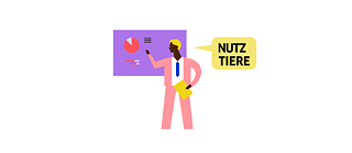 Illustration: A person points to diagrams, speech bubble with the words NUTZ and TIER