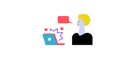 Illustration: Person with speech bubble on an opened laptop; hearts and a sound symbol above the laptop