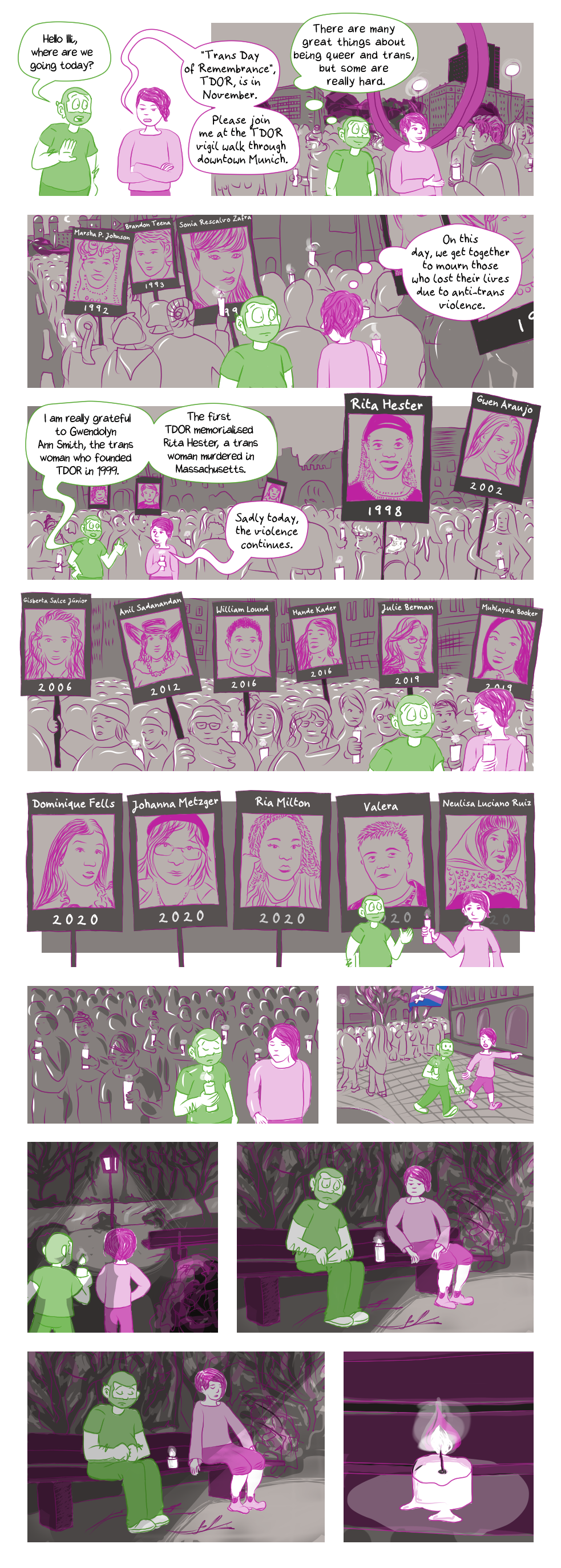 visual comic: Queer Comic Conversation - November: TDOR, scroll down for text-based comic (after annotations)