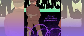 插圖遺失。一位男人站在鐵絲網前，在背景可以看到許多人拿著手提箱 © 插畫 © Rosa Kammermeier 納粹時期酷兒族群的流離失所和謀殺