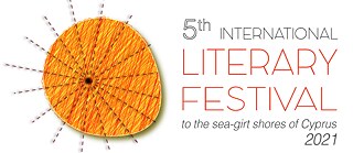 On the right side of the picture there is the text reads as follows: 5th International Literary Festival, to the sea-girt shores of Cyprus 2021. On the left side of the image, a yellow-orange circle is drawn with thin red lines running diagonally through it. There is a dot in the centre of the circle and dotted lines run from the centre to the outer edge of the circle.
