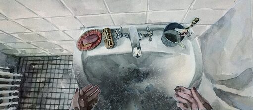 The picture shows a tiled bathroom in watercolour style. In the middle of the picture there is a washbasin and two hands. Among other things, there are toothbrushes and soap on the washbasin. There is a mirror above the washbasin and a radiator on the left edge.