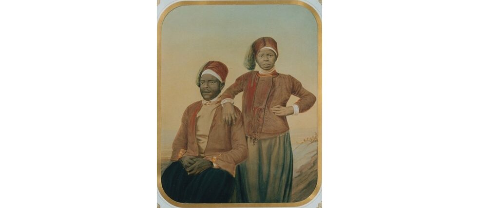 Dorugu e Abbega em trajes norte-africanos, a caminho da Europa em 1855. Pintura de propriedade da família de Achim von Oppen até 1999 e então doada ao antigo Museu de Etnologia de Hamburgo, agora MARKK Museum. 