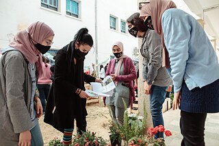 Fünf junge Frauen wählen in der Mitte gruppierte Pflanzen aus