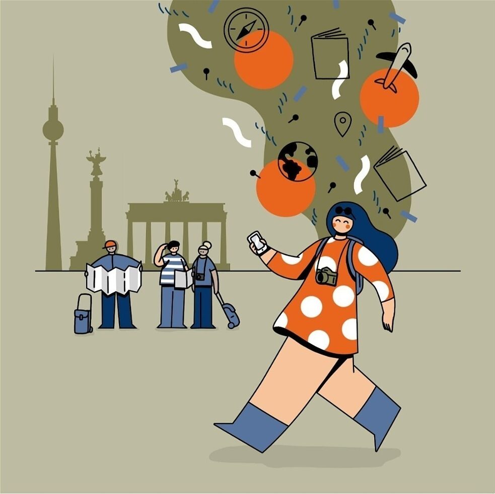 Onleihe - Die digitale Bibliothek Illustration einer Person, die mit Kopfhörern durch eine städtische Umgebung geht