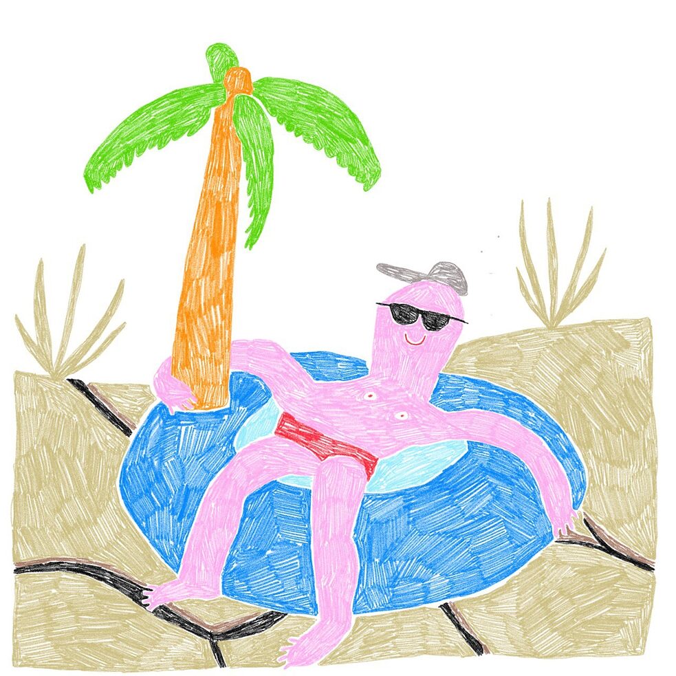 Illustration: A person with sunglasses sits in a bathing ring, behind him a palm tree, the ground already shows cracks due to drought