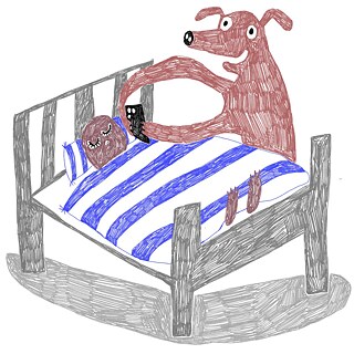Illustration von einem Hund, der ein Bild mit dem Handy von einem Menschen macht, der schlafend im Bett liegt