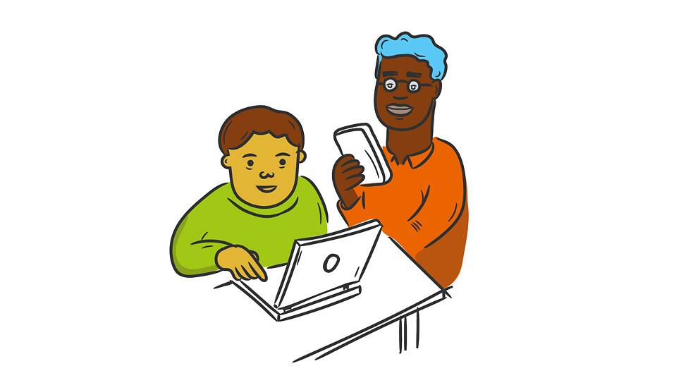 Drawing of 2 people of different skin colors sitting at a table