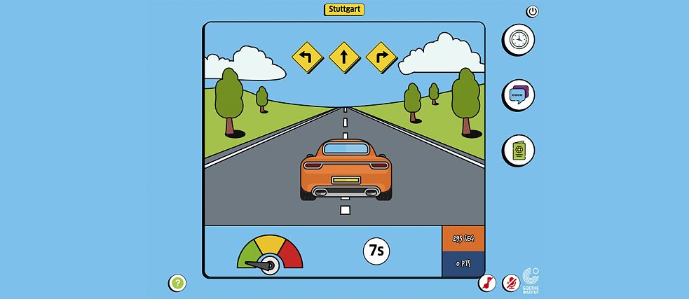 Imagen de una pantalla donde se ve una carretera, un auto  y un letrero que dice Stutgart