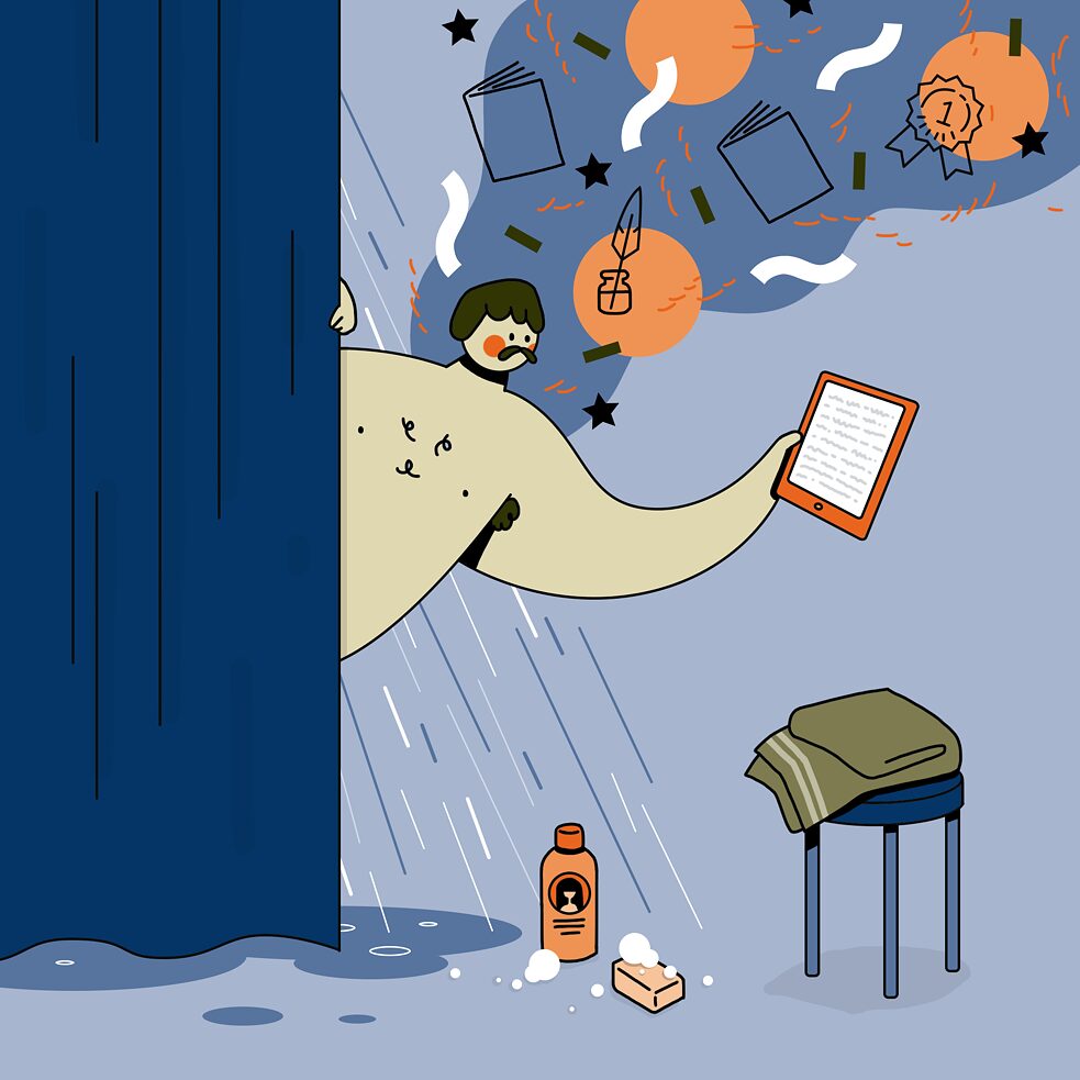 Onleihe Angebot Illustration einer Person, die unter der Dusche steht und nach einem Tablet greift.