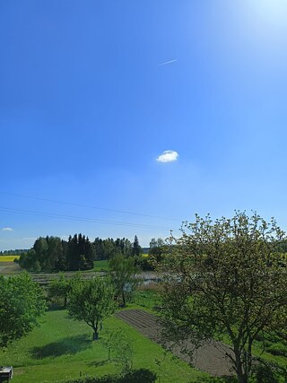 Hallo, das ist der Blick aus meinem Fenster. Es ist unser Garten in Opatovec in Tschechien. Ich lebe hier mit meiner Familie. Auf dem Foto sehen Sie unser kleines Feld und viele Bäume. Besonders im Sommer verbringe ich gerne Zeit in unserem Garten. Hinter unserem Garten befindet sich der Teich Pařez.
