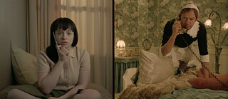 Scene from the film "The Ordinaries": The picture is split: on the left side, a girl in desaturated colours is seated on a bed holding a mobile phone. On the right, a man is wearing a classic housemaid's uniform holding a corded telephone leaning forward over a bed.