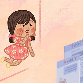 An animated girl looking at floating chat screen