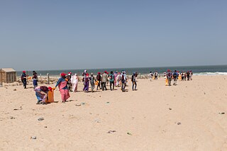 People collecting trash at a beach