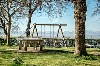 Eine Tischtennis Platte steht neben einer Schaukel aus Holz in einem Park