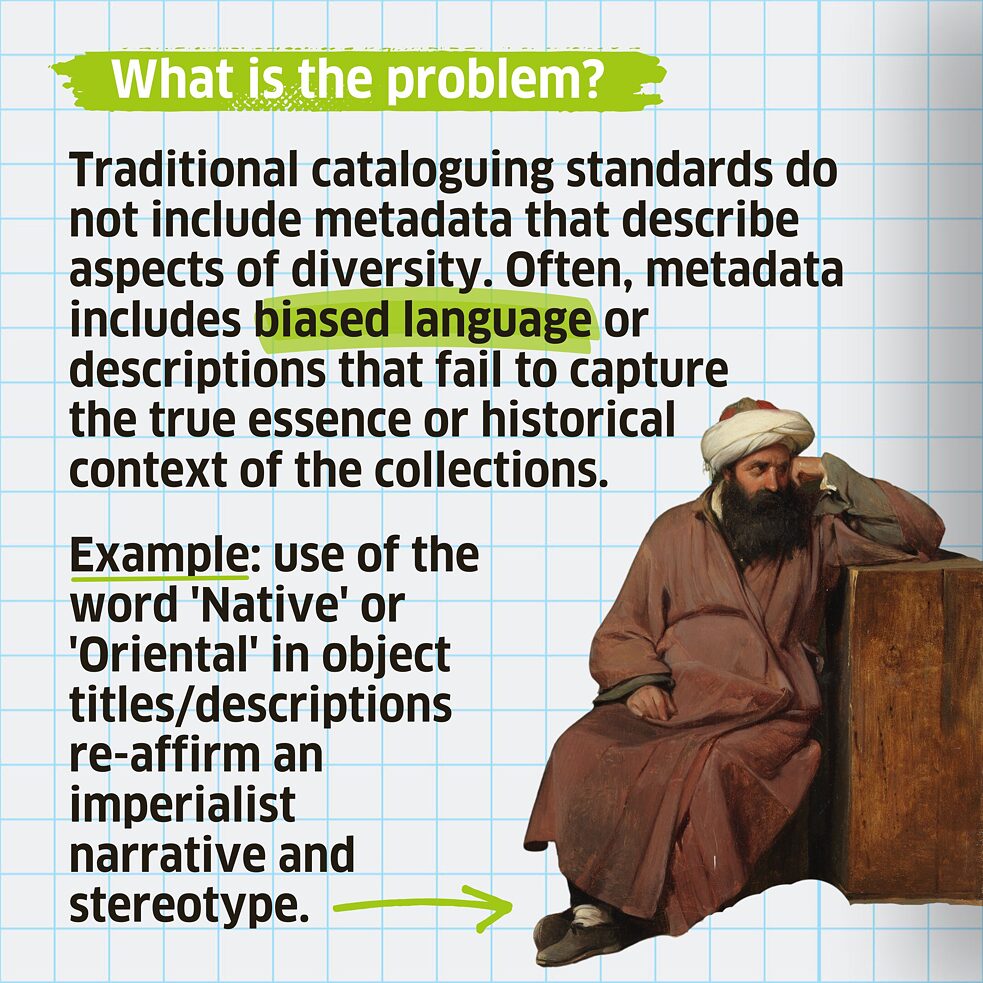 Traditional cataloguing standards do not include metadata that describe aspects of diversity. Often, metadata includes biased language or descriptions that fail to capture  the true essence or historical  context of the collections. 