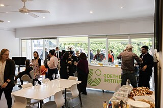 Visitors gather on our terrace during an event