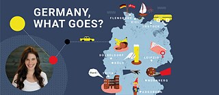 Et kort over Tyskland, ved siden af et foto af Dana Newman og over det titlen "Germany, What Goes?".