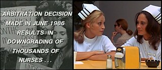 Left: Info text over an image: Arbitration Decision Made in June 1986 Results in Downgrading of Thousands of Nurses, Right: 2 nurses talking with each other