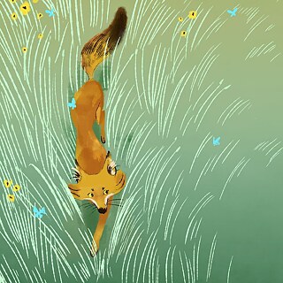 Ein mit Aquarellfarben gezeichneter Fuchs starrt Sie aus der Illustration an