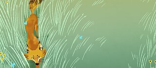 eine Zeichnung aus ein Kinderbuch von einem Fuchs, der durch einen grünen Feld mit Schmetterlinge spaziert