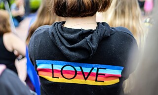 Rückenansicht eines Pullovers mit der Aufschrift Love und den Regenbogenfarben