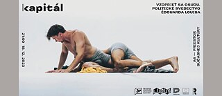 Photo is showing two men in underwear are lying on top of each other and in the corners of the photo are the title of the discussion, data, logos of partners. 
