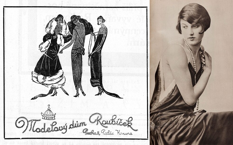 Pražský módní salon Roubíčková založila v roce 1909 švadlena Arnoštka Roubíčková, mistryně v objevování módních trendů, která se ráda jezdila inspirovat do Paříže. Vlevo: reklama na módní salon Roubíček, kresba z roku 1923, vpravo: večerní šaty z hedvábného saténu se štrasovými aplikacemi, 1929.