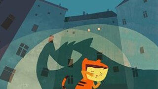  Katze in orangem Anzug, großer Schatten, Stadt im Hintergrund 
