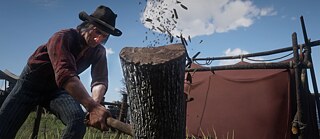 Still from video game Red Dead Redemption 2 showing a NPC (non-playable character) chopping wood