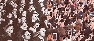 One image showing people watching movie next to an image showing a crowd holding up smartphones.