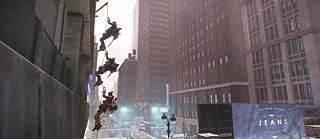 Three armed video game characters climbing down a rope outside of a building in a still from Operation Jane Walk.